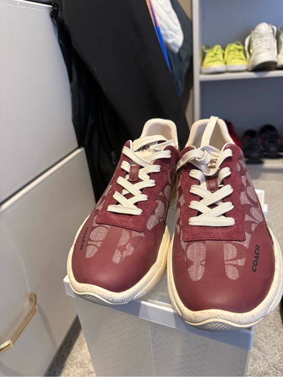 Coach Shoes - Coach Cream and Burgundy Logo Sneakers